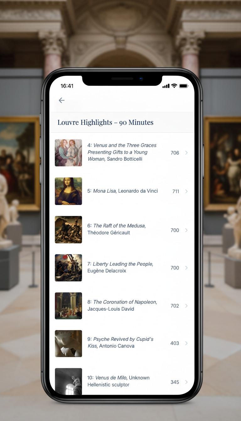 Museum Made Easy iPhone mockup showing Louvre highlights audio tour